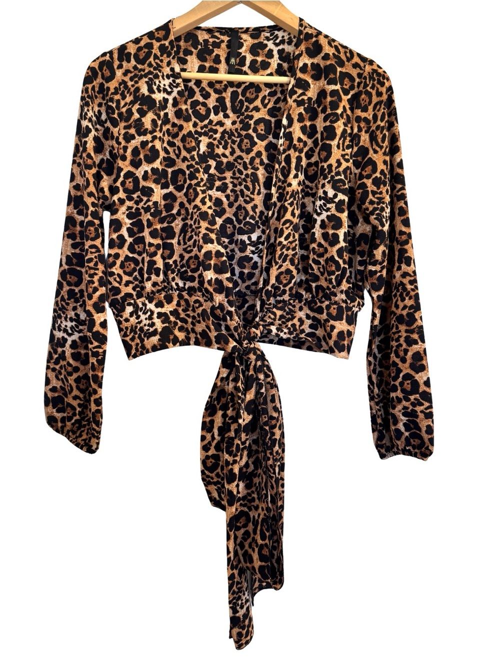 Leopard Print Wrap Tie Front Top | Long Sleeve Cropped Blouse